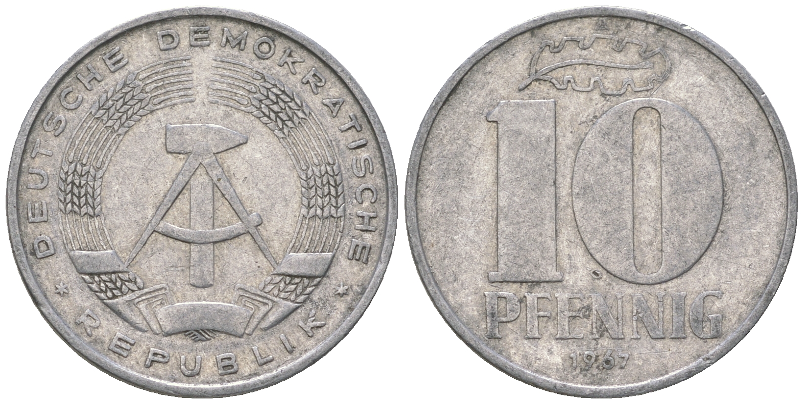 ГДР 10 пфеннигов 1967 А KM 10 алюминий 3459-612