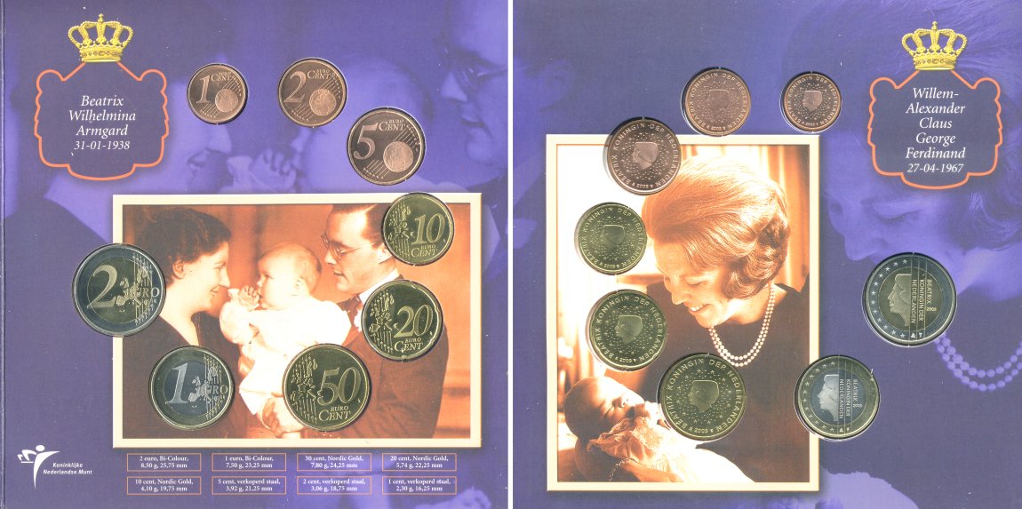 Нидерланды евронабор из 8 монет + медаль 2003 на рождение принцессы Катарины Амалии 7 декабря 2003 UNC 7-4-1-49