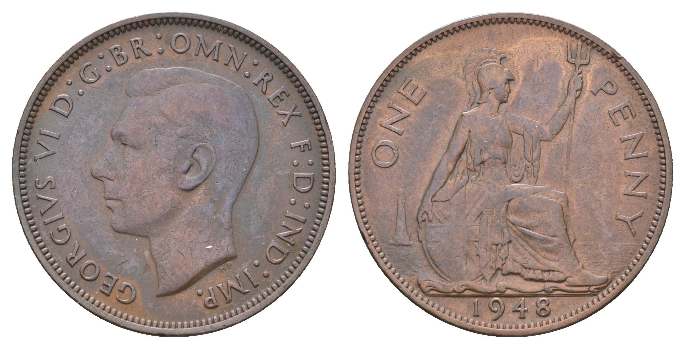 Великобритания 1 пенни 1948 Георг VI (1936-1952) KM 845, Spink 4114 бронза 4526-142