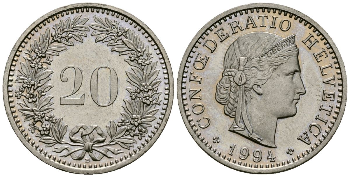 Швейцария 20 раппенов 1994 B KM 29a медно-никель 4171-1131