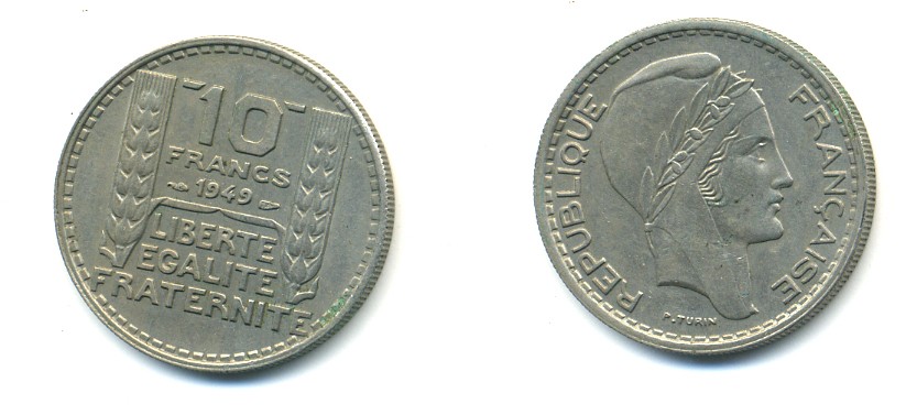 Франция 10 франков 1949 тип Пьер Турин KM 909.1, LE FRANC 362.6 медно-никель 80-644