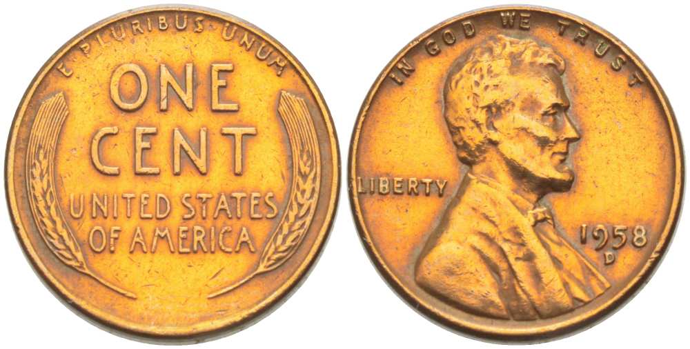 США 1 ЦЕНТ 1958 D, ЛИНКОЛЬН KM А132 медь цинк 218-1048