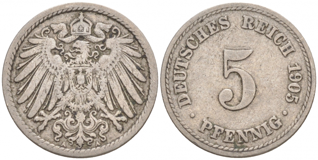ГЕРМАНИЯ 5 ПФЕННИГОВ 1905 A, KM 11, J. 12 медно-никель 73-1758