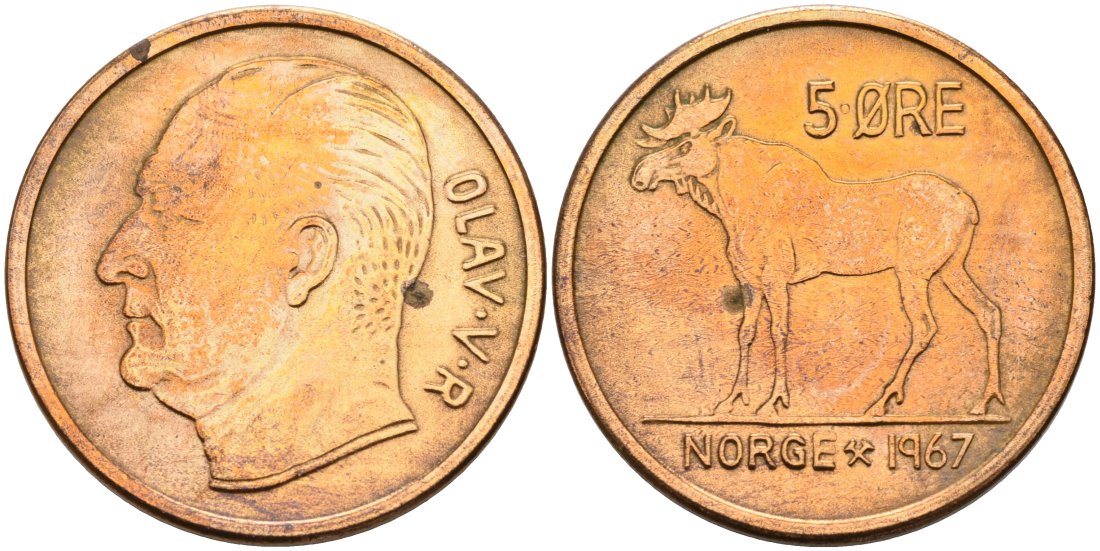 Норвегия 5 эре 1967 ЛОСЬ, Улаф V (1958-1991) KM 405 бронза 4571-827