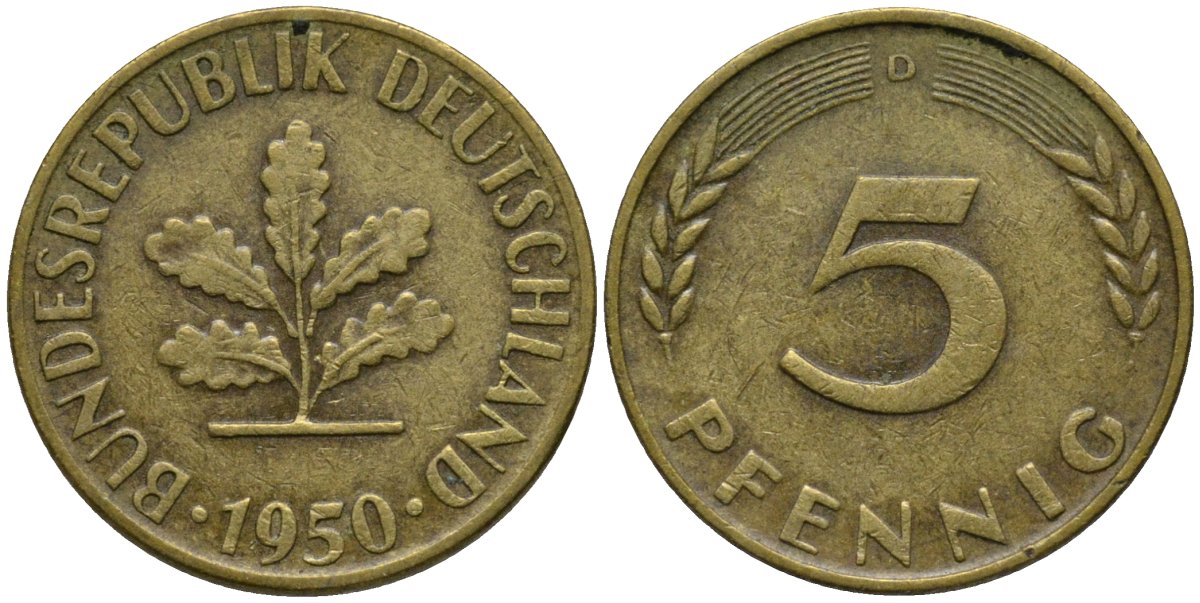 ФРГ 5 пфеннигов 1950 D KM 107 сталь плакированная латунью 4171-416