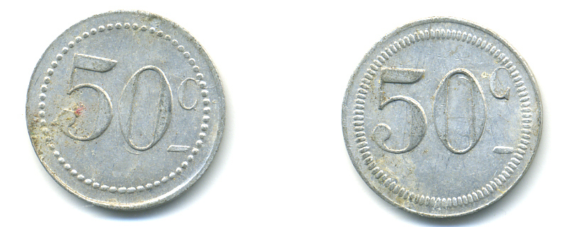 ФРАНЦИЯ 50 САНТИМОВ НАЧАЛО XX ВЕКА d 24 мм, вес около 1,0 гр., платежный жетон алюминий 89-942