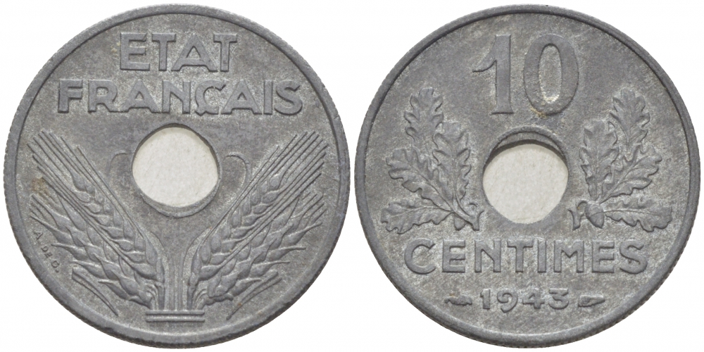 ФРАНЦИЯ 10 САНТИМОВ 1943 ПРАВИТЕЛЬСТВО ВИШИ KM 898.1 цинк UNC 1515-423