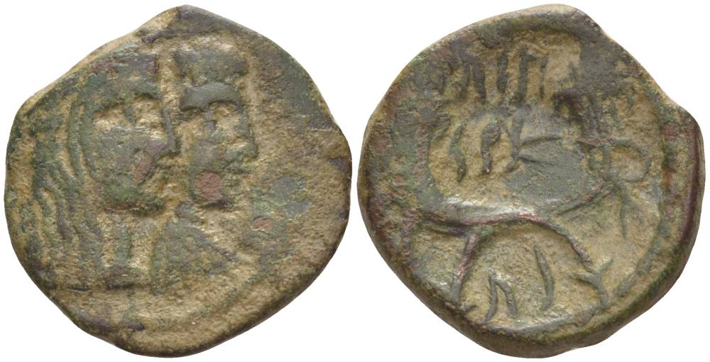 Набатея AE 20 - 40 гг. Арета IV, бюсты Ареты IV и царицы Шакилат / два рога изобилия, Петра Meshorer 114 медь 1073-21-103