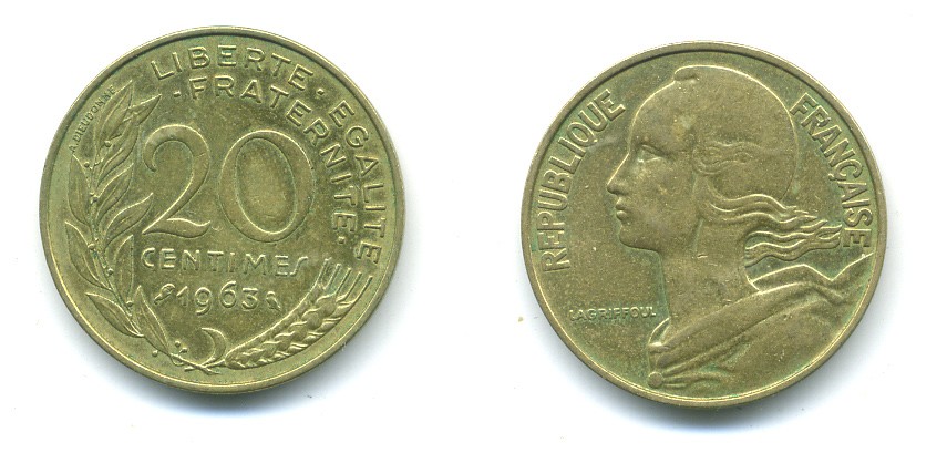 ФРАНЦИЯ 20 САНТИМОВ 1963 KM 930 медь алюминий никель 84-1434