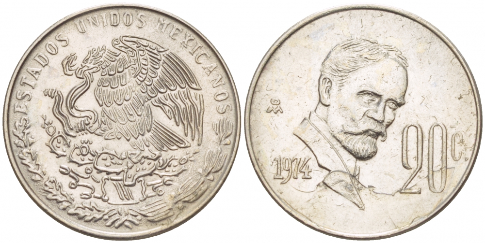 Мексика 20 сентаво 1974 Мо, Игнасио Мадеро KM 442 медно-никель 4548-155