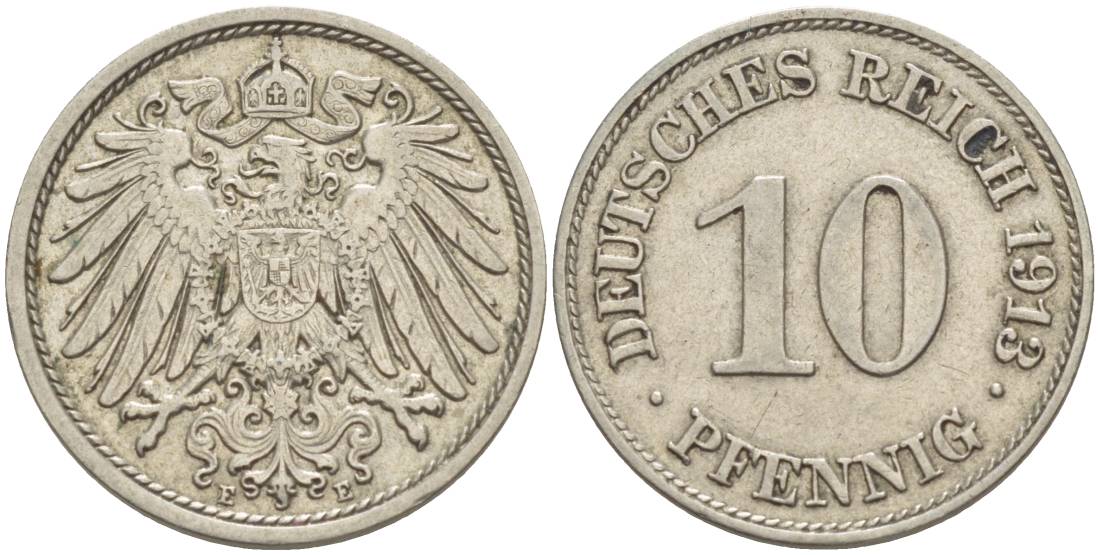 Германия 10 пфеннигов 1913 E KM 12, Jager 13, Weege 8 медно-никель 219-233