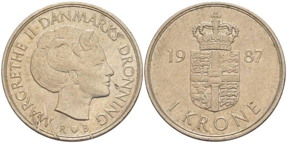 Дания 1 крона 1987 R;B, Маргрете II (1972- ) KM 862.3 медно-никель 3459-113
