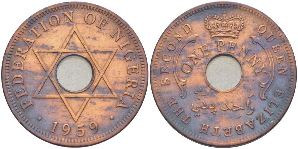 Нигерия 1 пенни 1959 Елизавета II (1952-), Британский протекторат KM 2 бронза 4519-514