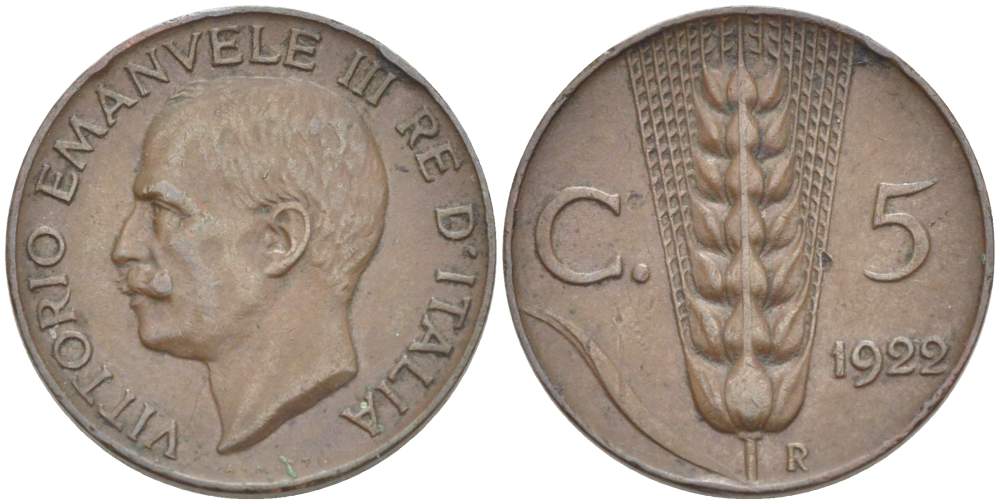 ИТАЛИЯ 5 ЧЕНТЕЗИМО 1922 R, МОНДВОР РИМ, ВИКТОР ЭММАНУИЛ III (1900-1946) KM 59 медь 4525-137