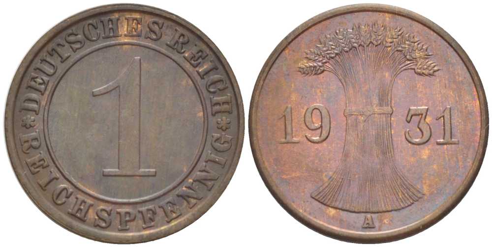 Германия 1 рейхспфенниг 1931 A KM 37, J. 313, Weege 2 бронза 206-841