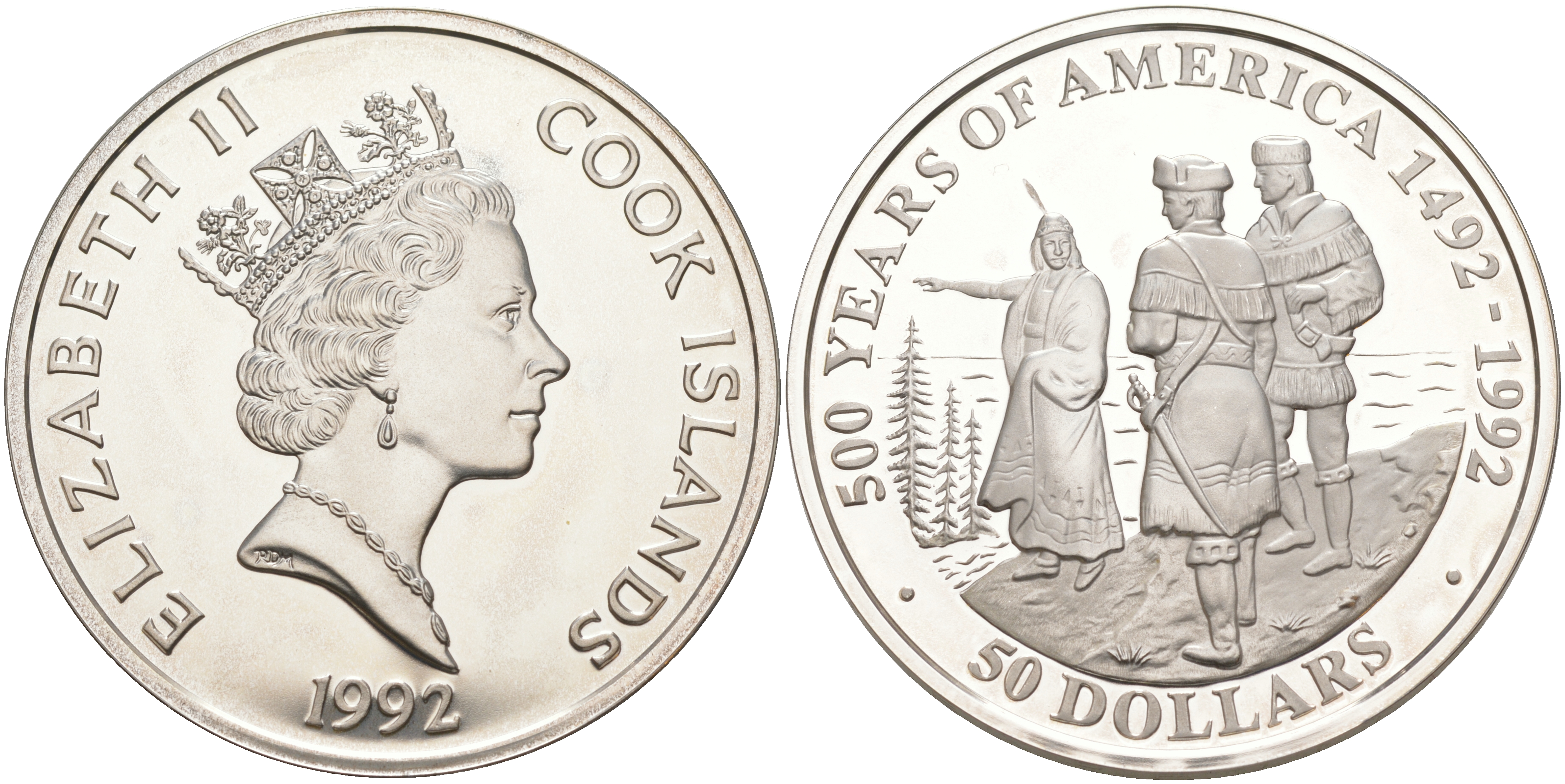 ОСТРОВА КУКА 50 ДОЛЛАРОВ 1992 500 ЛЕТ ОТКРЫТИЮ АМЕРИКИ, САКАГАВЕЯ УКАЗЫВАЕТ ПУТЬ ЛЬЮИСУ И КЛАРКУ, ВЕС 31,1035 ГР. KM 201 серебро PROOF 1074-7-51