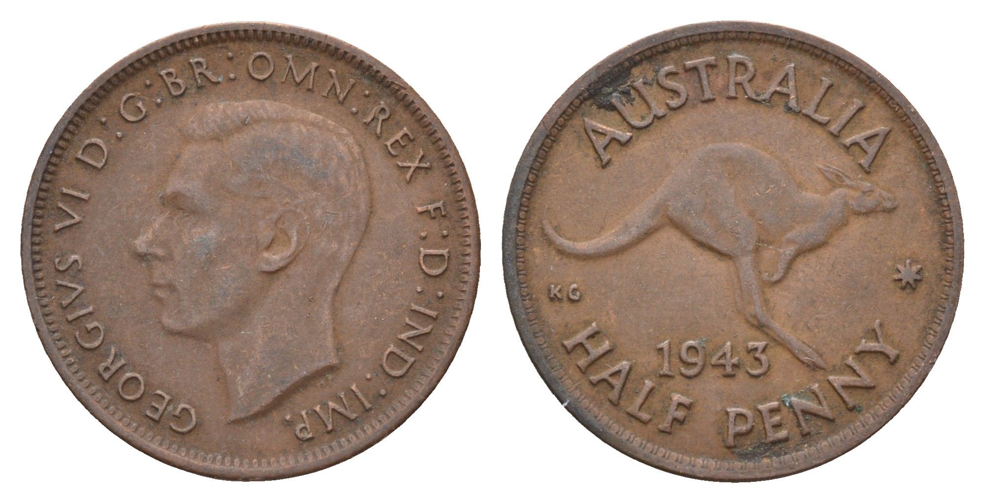 Австралия 1/2 пенни 1943 Георг VI (1936-1952), кенгуру KM 41 бронза 4671-427