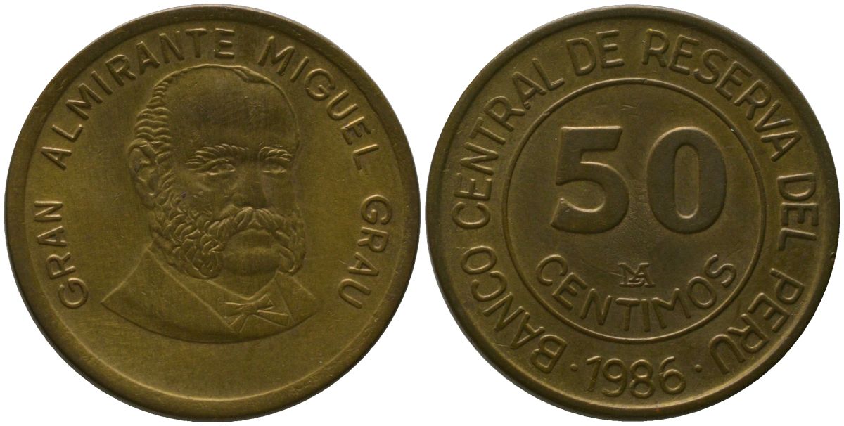 Перу 50 сентимо 1986 KM 295, Schon 96 латунь UNC 4541-347