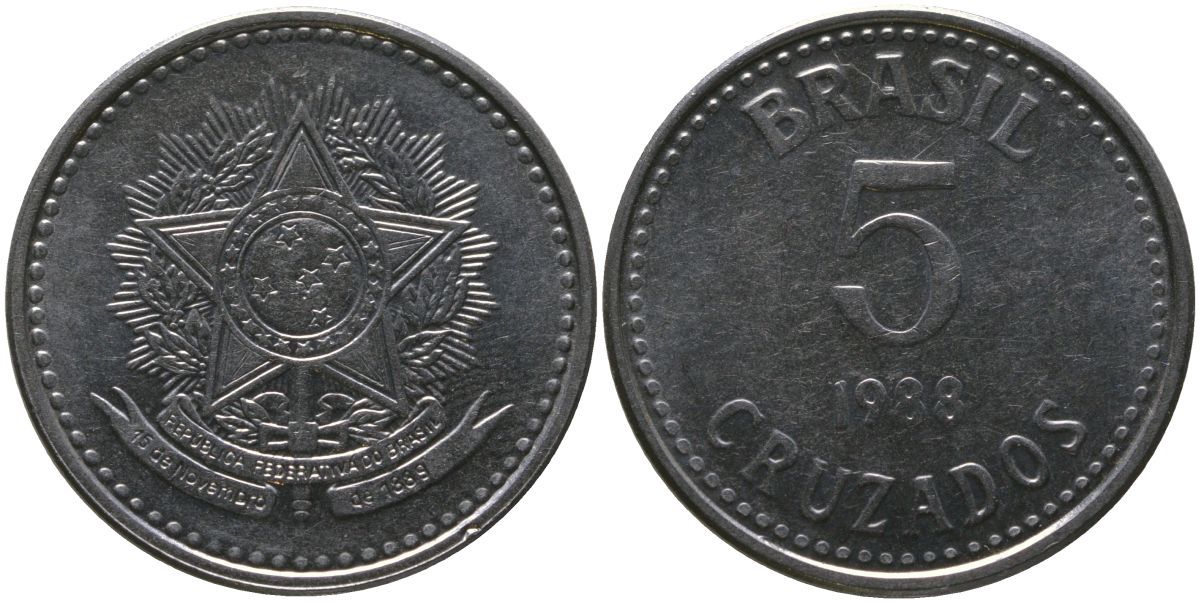 Бразилия 5 крузадо 1988 KM 606, Schon 115 нержавеющая сталь 4519-513