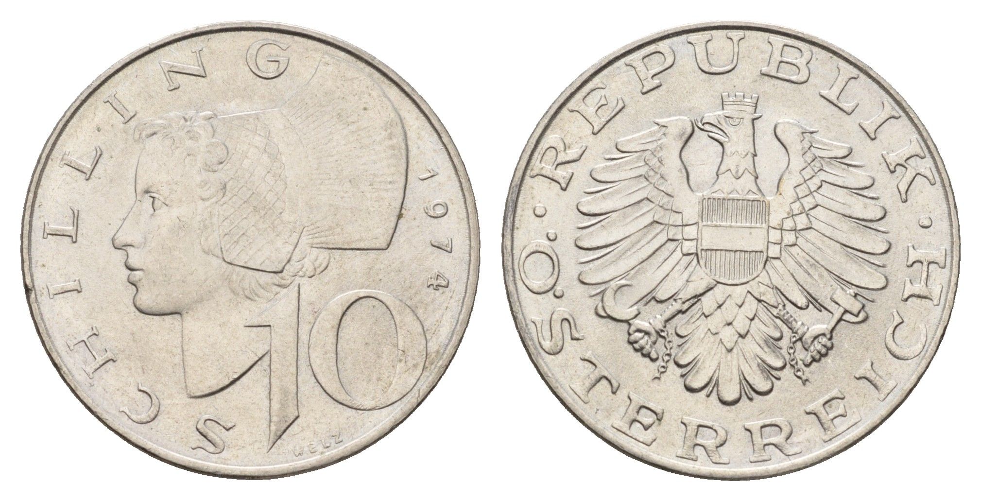 Австрия 10 шиллингов 1974 KM 2918 медно-никель UNC 4671-646