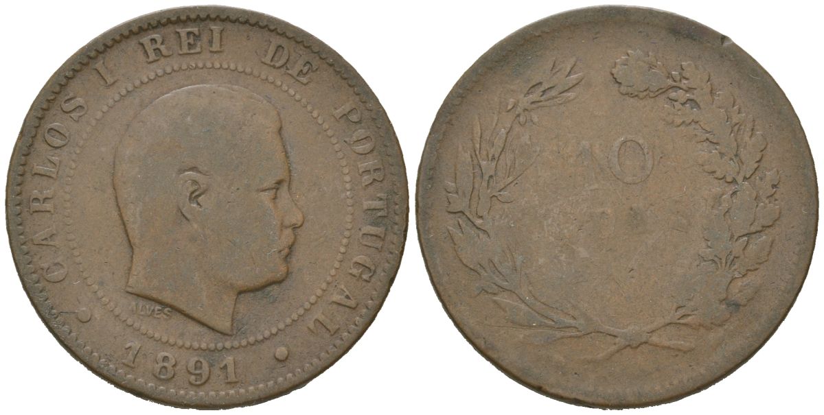 Португалия 10 реалов 1891 Карлуш I (1889-1908) KM 532 бронза 4171-1116