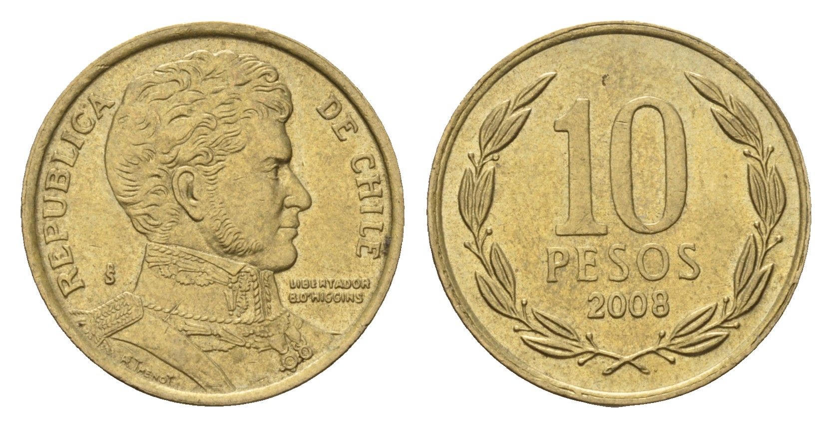 Чили 10 песо 2008 KM 228 никель латунь 4674-457