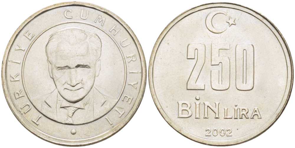 ТУРЦИЯ 250000 ЛИР 2002 KM 1137 медь никель цинк UNC 202-531