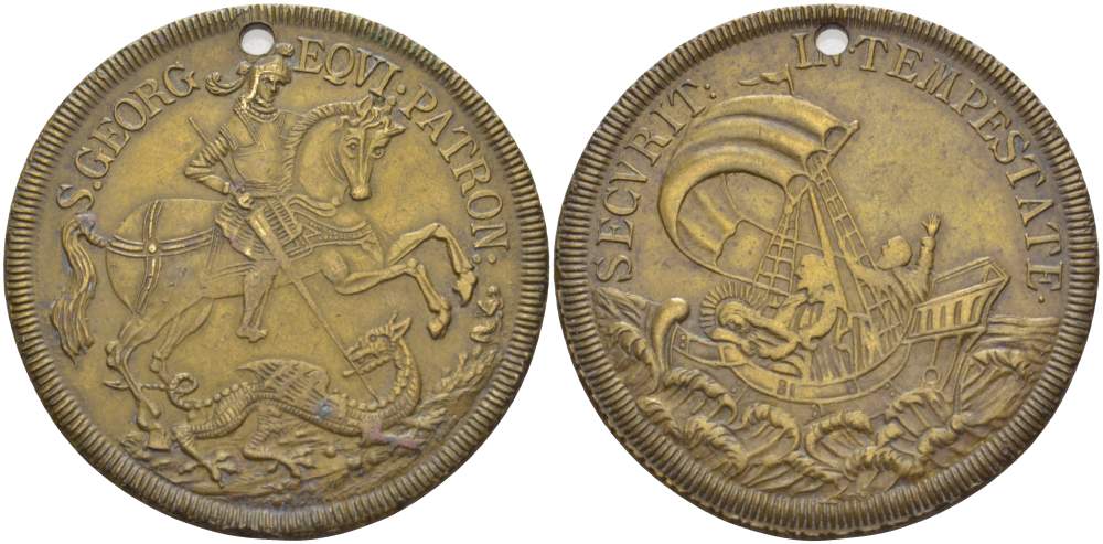 ГЕРМАНИЯ ЖЕТОН-ОБЕРЕГ НА УДАЧУ В МОРЕ ВТОРАЯ ПОЛОВИНА XIX ВЕКА АПОСТОЛЫ В ЛОДКЕ С ХРИСТОМ, ГЕОРГИЙ ПОБЕДОНОСЕЦ, ДИАМЕТР 41 ММ. жёлтый металл 1068-5-44