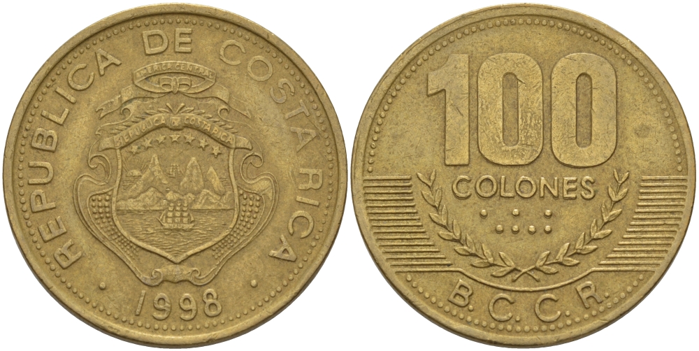 Коста-Рика 100 колон 1998 B.C.C.R. KM 230а латунь 82-235