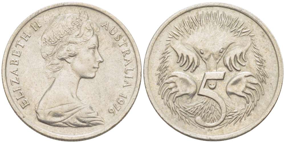 Австралия 5 центов 1976 королева Елизавета II (1952-2022), ехидна KM 64 медно-никель 4516-657