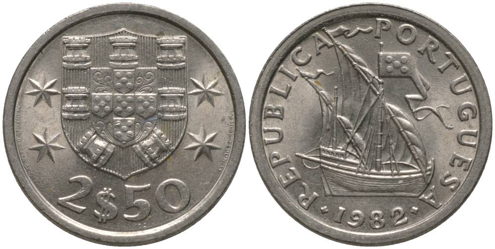 ПОРТУГАЛИЯ 2,5 ЭСКУДО 1982 ПАРУСНИК KM 590 медно-никель UNC 181-337