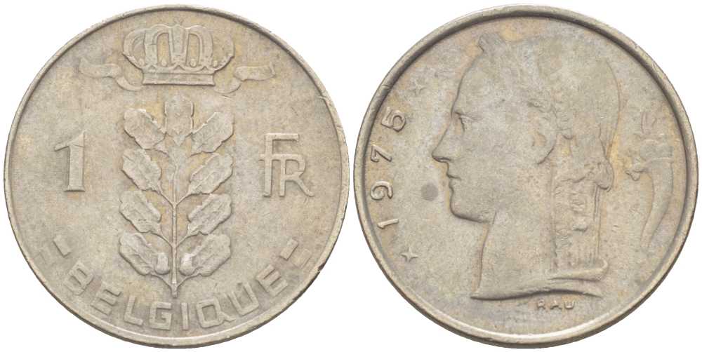 БЕЛЬГИЯ 1 ФРАНК 1975 BELGIQUE, БОДУЭН I (1951-1993) KM 142.1 медно-никель 213-535