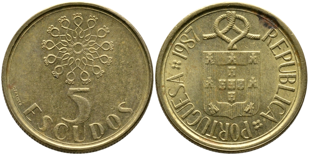 ПОРТУГАЛИЯ 5 ЭСКУДО 1987 KM 632 никель латунь 99-1167