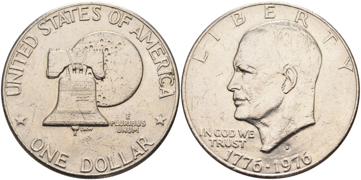 США 1 доллар 1976 D, 200 лет независимости, Президент Эйзенхауэр, колокол, тип II KM 206 медь плакированная медно-никелем 4578-132