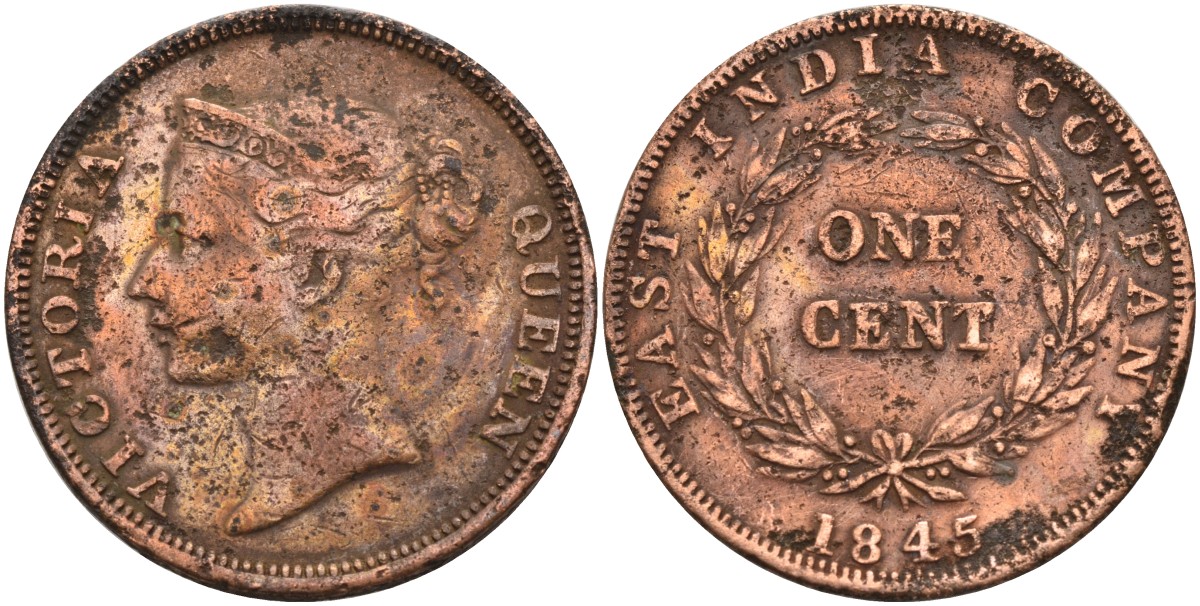 Стрейтс-Сетлментс 1 цент 1845 Виктория (1837-1901), Ост-Индская компания KM 3 медь 4590-132