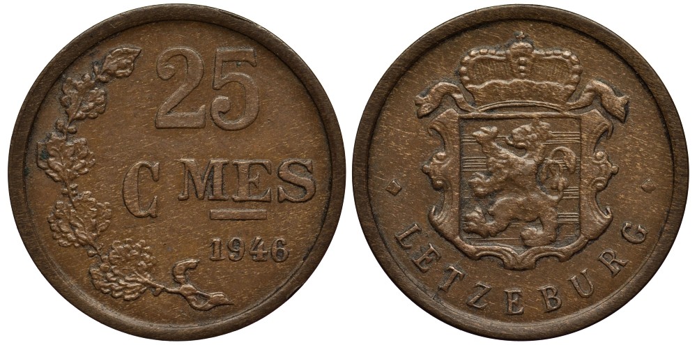Люксембург 25 сантимов 1946 Шарлотта (1918-1964) KM 45 бронза 4538-836