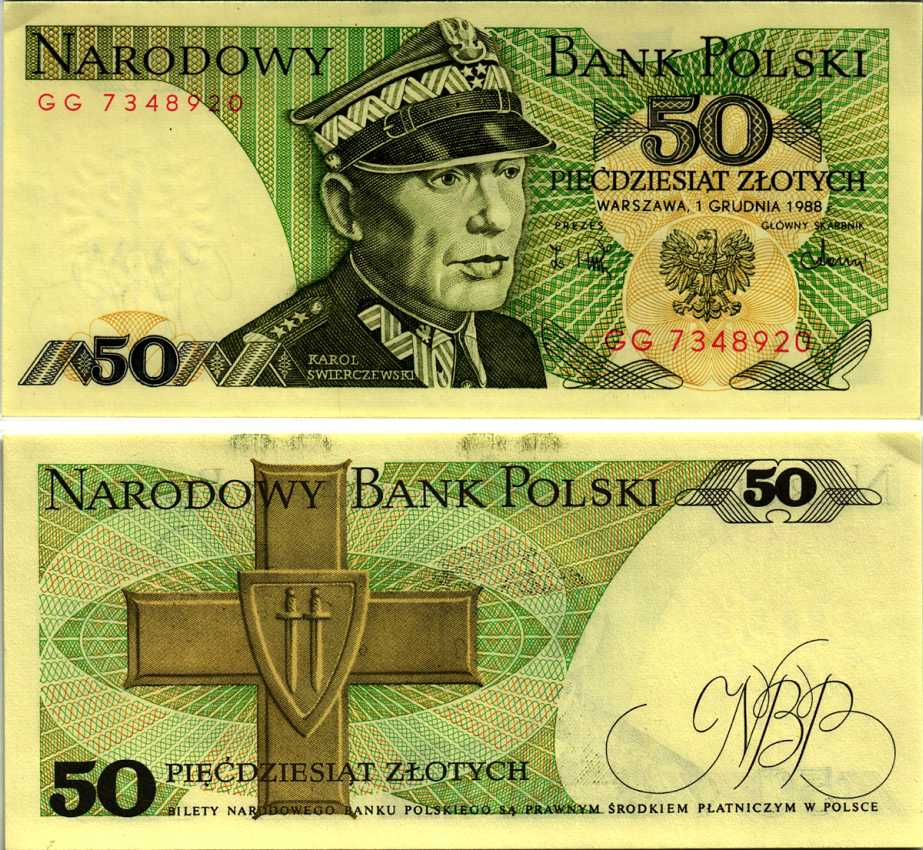 Польша 50 злотых 1988 Кароль Сверчевский, знак Грюнвальдского ордена Pick 142 c бумага аUNC 8607-72-2-2