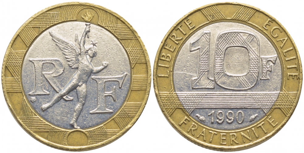 Франция 10 франков 1990 тип Гений Бастилии KM 964.1, Le Frank 375.5 биметалл 110-1037