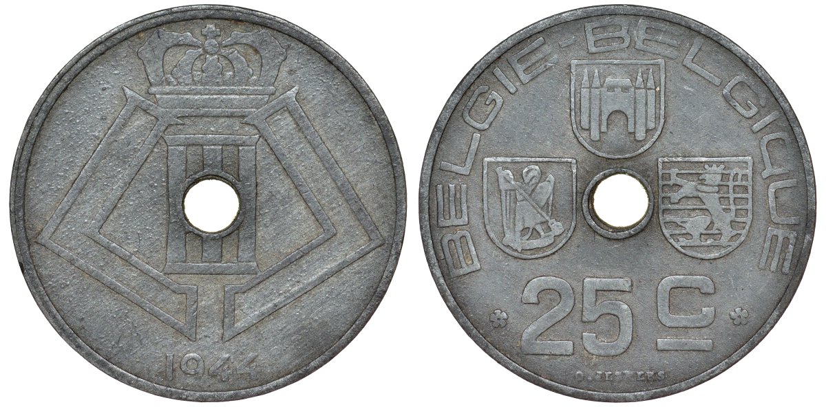 Бельгия 25 сантимов 1944 KM 132 цинк 217-722