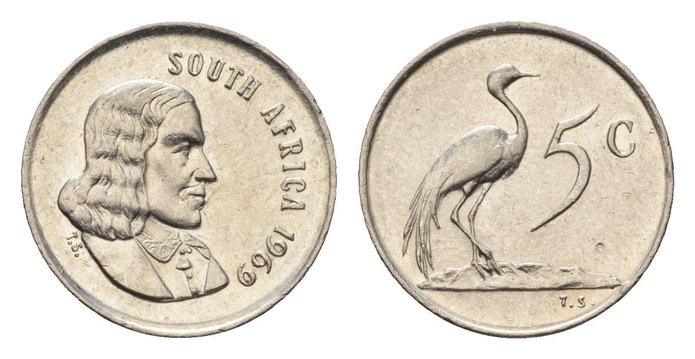 ЮАР 5 центов 1969 Ян ван Рибек (1619-1677), South Africa, легенда на англинском, райский журавль KM 67.1 медно-никель 4694-412