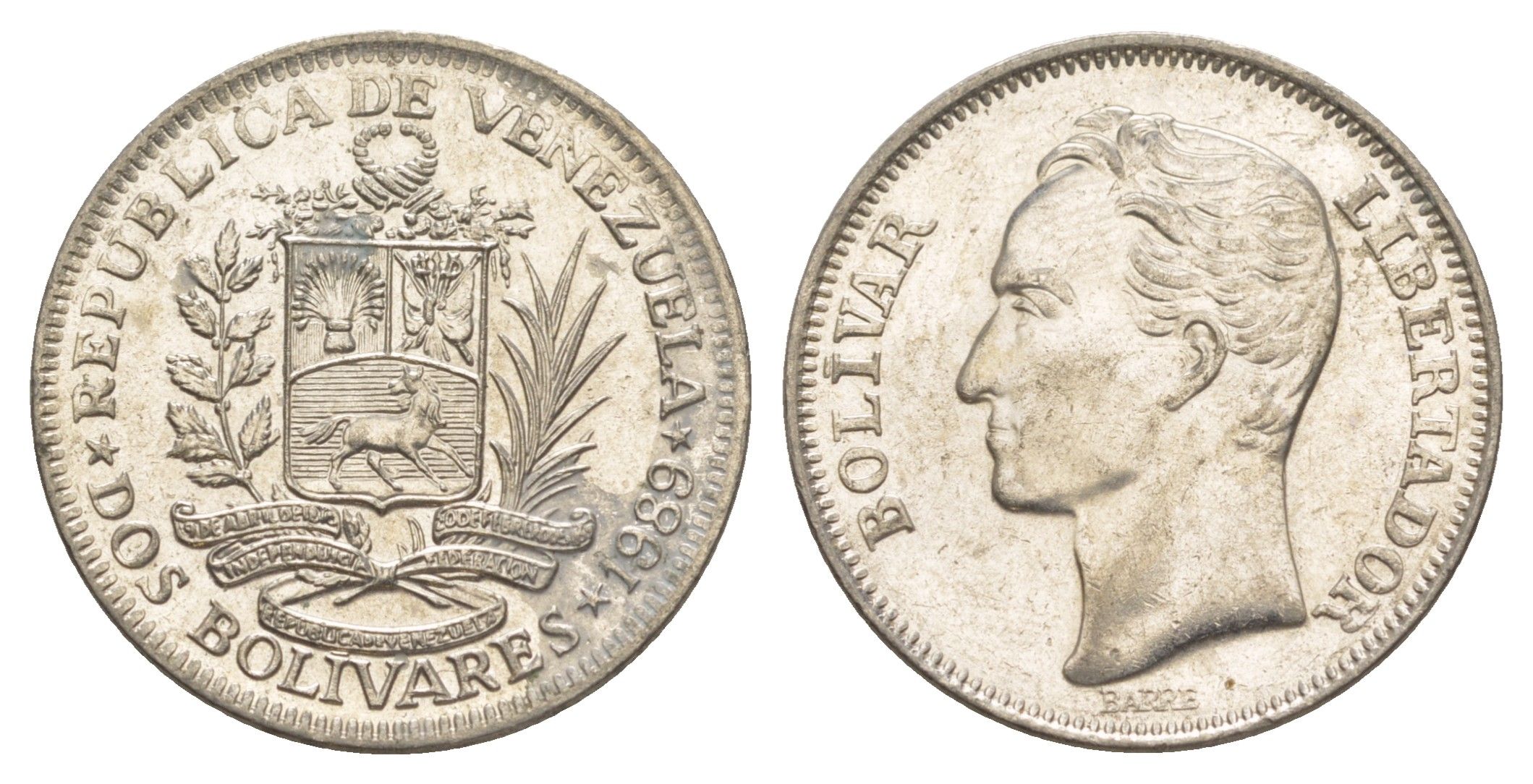Венесуэла 2 боливара 1989 Симон Боливар Y 43a сталь плакированная никелем 4590-822