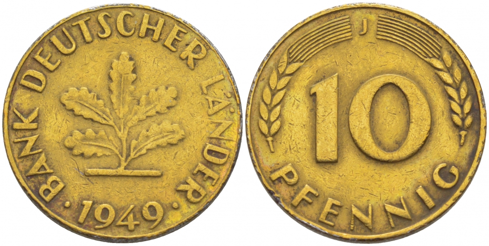 ФРГ 10 ПФЕННИГОВ 1949 J KM 103, J.378 сталь плакированная латунью 3718-731