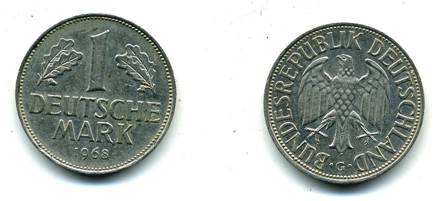 ФРГ 1 МАРКА 1968 G J.385 медно-никель 35-414