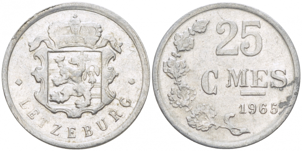 ЛЮКСЕМБУРГ 25 САНТИМОВ 1965 МОНЕТНЫЙ ТИП KM 45а.1 алюминий 3955-566