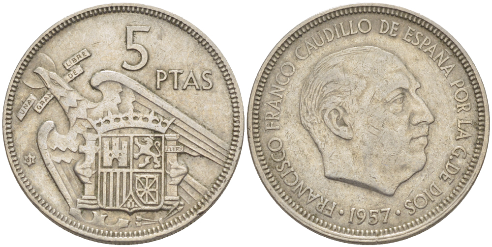 ИСПАНИЯ 5 ПЕСЕТ 1957 (61) ФРАНСИСКО ФРАНКО ДИКТАТОР ИСПАНИИ ( 1939- 1975) KM 786 медно-никель 216-631