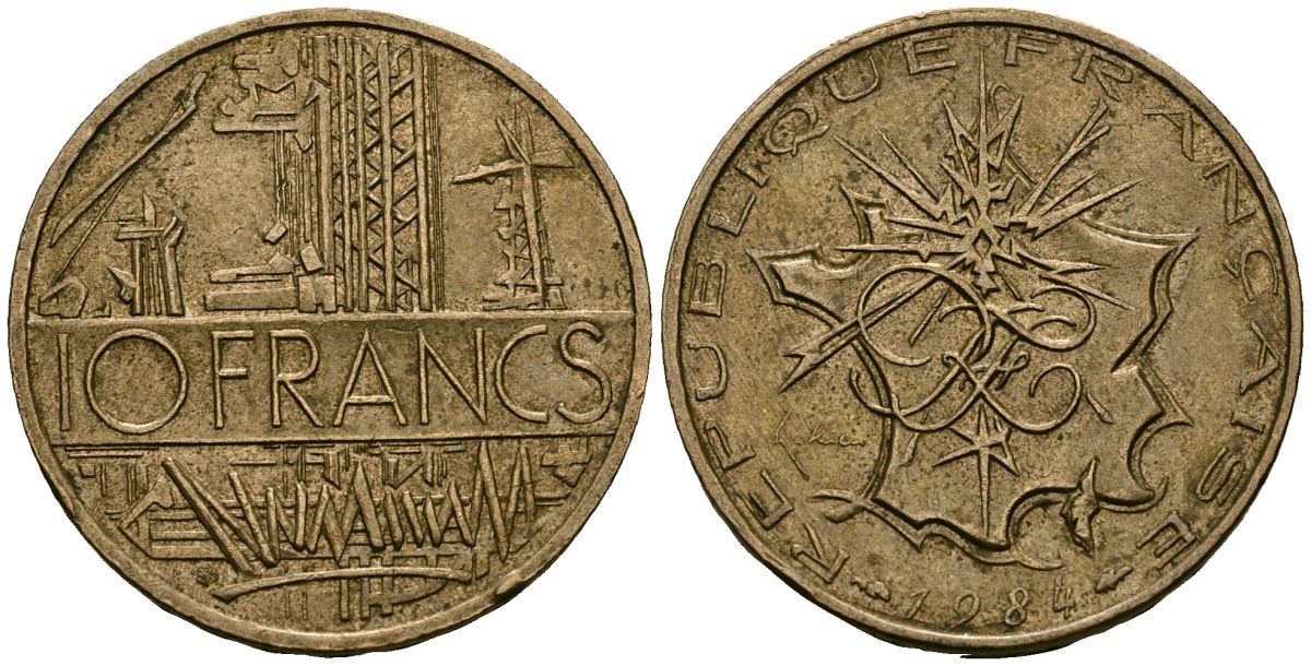 Франция 10 франков 1984 тип Матье KM 940, Le Franc 365.23-24 никель латунь 4120-515