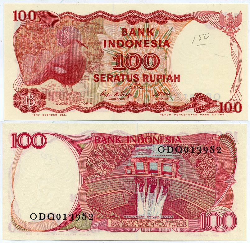 ИНДОНЕЗИЯ 100 РУПИЙ 1984 ВЕНЦЕНОСНЫЙ ГОЛУБЬ, ДАМБА АСАХАНА Pick 122а бумага aUNC 7551-6-2-1