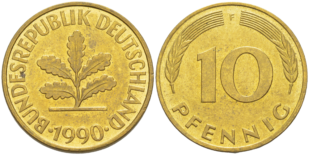 ФРГ 10 ПФЕННИГОВ 1990 F KM 108, J. 383 сталь плакированная латунью 4182-953