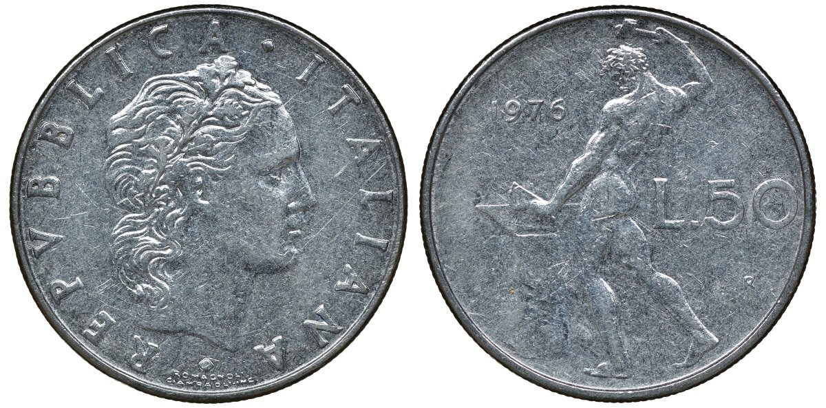 ИТАЛИЯ 50 ЛИР 1976 R, КУЗНЕЦ KM 95.1 нержавеющая сталь 72-526