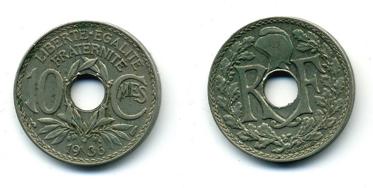 ФРАНЦИЯ 10 САНТИМОВ 1936 ТИП ЛИНДАЙЁ KM 866а медно-никель 84-334